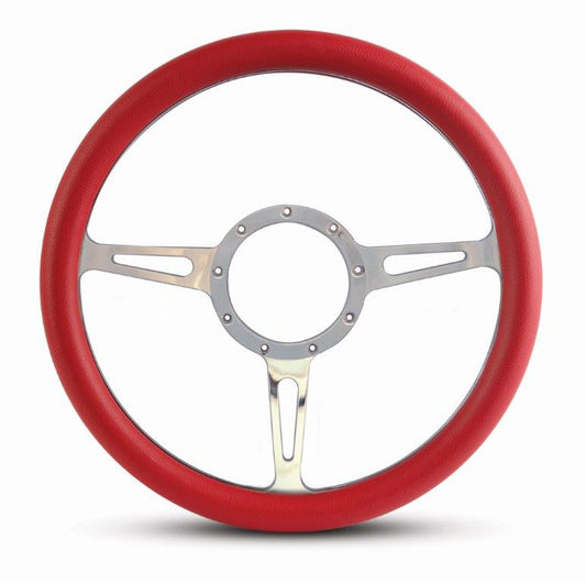 Steering Wheel,Classic style,Aluminum,13 3/4,Half-wrap,Made in the USA,Bright polished spokes,Red grip