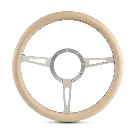 Steering Wheel,Classic style,Aluminum,13 3/4,Half-wrap,Made in the USA,Clear anodized spokes,Tan grip