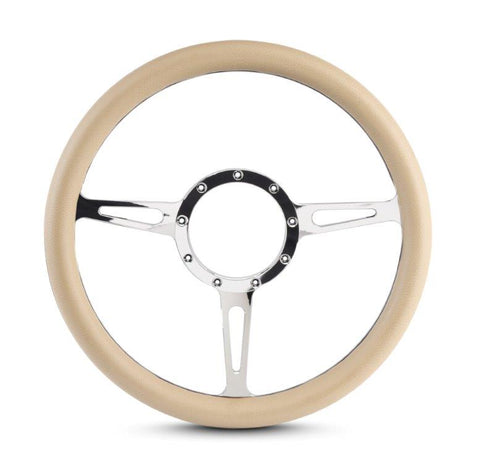 Steering Wheel,Classic style,Aluminum,13 3/4,Half-wrap,Made in the USA,Chrome spokes,Tan grip