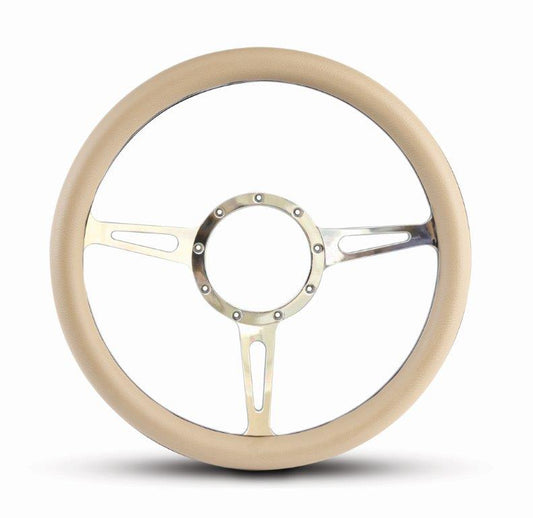 Steering Wheel,Classic style,Aluminum,13 3/4,Half-wrap,Made in the USA,bright clear coat spokes,Tan grip