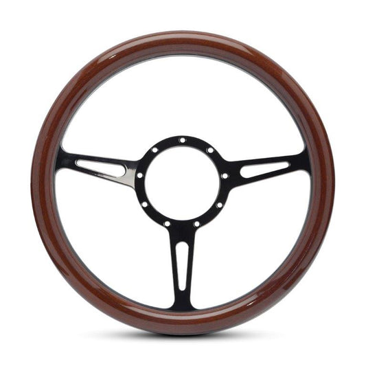 Steering Wheel,Aluminum,13 3/4",Half-wrap,Classic style,Made In USA,Gloss black anodize spokes,Wood grip