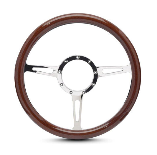 Steering Wheel,Aluminum,13 3/4",Half-wrap,Classic style,Made In USA,Chrome plated spokes,Wood grip