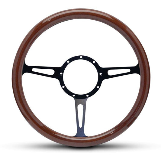 Steering Wheel,Aluminum,13 3/4",Half-wrap,Classic style,Made In USA,Matte black spokes,Wood grip