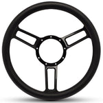 Steering Wheel,Launch style,Symmetrical spokes,Aluminum,133/4,Half-wrap,Gloss black anodized spokes,Black grip