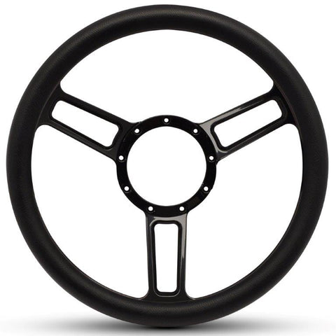 Steering Wheel,Launch style,Symmetrical spokes,Aluminum,133/4,Half-wrap,Gloss black anodized spokes,Black grip