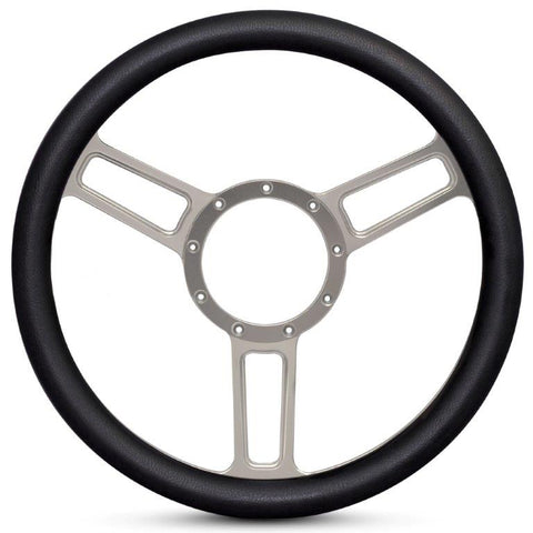 Steering Wheel,Launch style,Symmetrical spokes,Aluminum,13 3/4,Half-wrap,Clear anodized spokes,Black grip