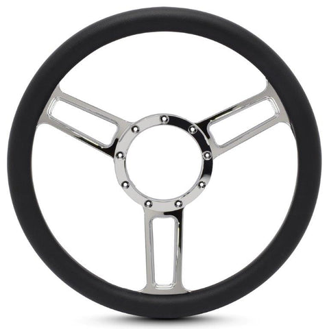 Steering Wheel,Launch style,Symmetrical spokes,Aluminum,13 3/4,Half-wrap,Made in USA,Chrome spokes,Black grip