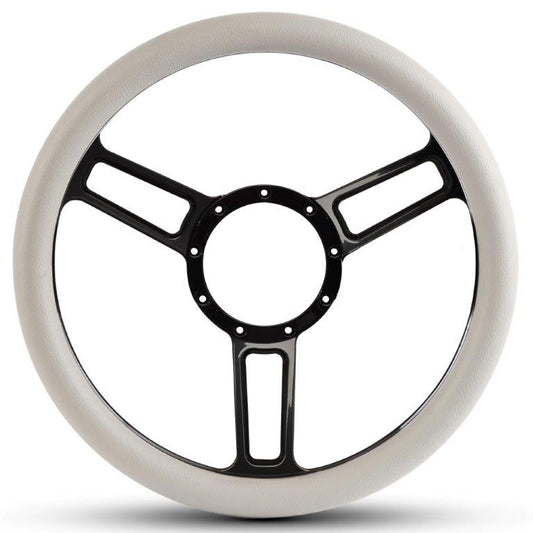 Steering Wheel,Launch style,Symmetrical spokes,Aluminum,133/4,Half-wrap,Gloss black anodized spokes,White grip