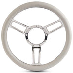 Steering Wheel,Launch style,Symmetrical spokes,Aluminum,13 3/4,Half-wrap,Made in USA,Chrome spokes,White grip