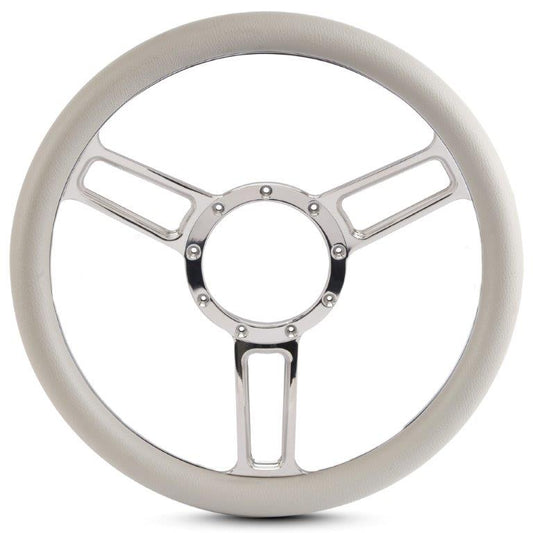 Steering Wheel,Launch style,Symmetrical spokes,Aluminum,13 3/4,Half-wrap,bright clear coat spokes,White grip