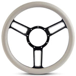 Steering Wheel,Launch style,Symmetrical spokes,Aluminum,13 3/4,Half-wrap,Black spokes w/highlights,White grip