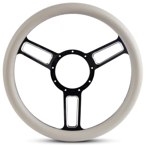 Steering Wheel,Launch style,Symmetrical spokes,Aluminum,13 3/4,Half-wrap,Black spokes w/highlights,White grip