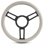 Steering Wheel,Launch style,Symmetrical spokes,Aluminum,13 3/4,Half-wrap,Matte black spokes,White grip