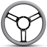 Steering Wheel,Launch style,Symmetrical spokes,Aluminum,13 3/4,Half-wrap,Gloss black anodized spokes,Grey grip