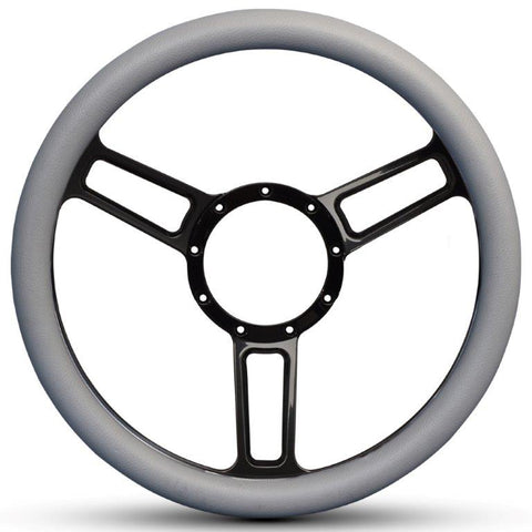 Steering Wheel,Launch style,Symmetrical spokes,Aluminum,13 3/4,Half-wrap,Gloss black spokes,Grey grip