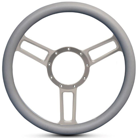 Steering Wheel,Launch style,Symmetrical spokes,Aluminum,13 3/4,Half-wrap,Clear anodized spokes,Grey grip