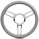 Steering Wheel,Launch style,Symmetrical spokes,Aluminum,13 3/4,Half-wrap,Made in USA,Chrome spokes,Grey grip