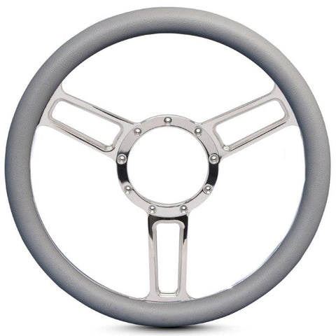 Steering Wheel,Launch style,Symmetrical spokes,Aluminum,13 3/4,Half-wrap,bright clear coat spokes,Grey grip