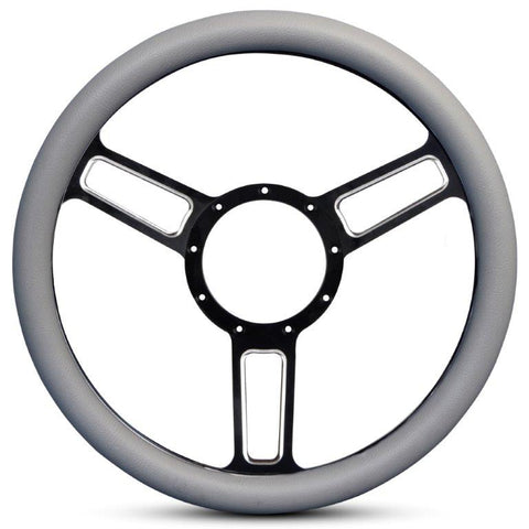 Steering Wheel,Launch style,Symmetrical spokes,Aluminum,13 3/4,Half-wrap,Black spokes w/highlights,Grey grip