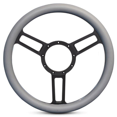 Steering Wheel,Launch style,Symmetrical spokes,Aluminum,13 3/4,Half-wrap,Matte black spokes,Grey grip