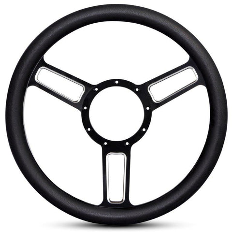 Steering Wheel,Launch style,Symmetrical spokes,Aluminum,13 3/4,Half-wrap,Black spokes w/highlights,Black grip