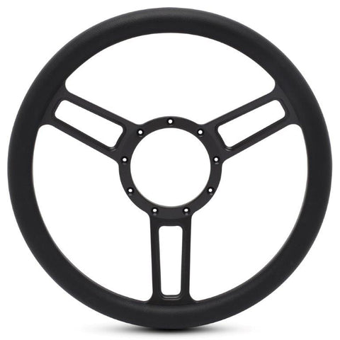 Steering Wheel,Launch style,Symmetrical spokes,Aluminum,13 3/4,Half-wrap,Matte black spokes,Black grip