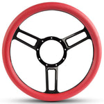 Steering Wheel,Launch style,Symmetrical spokes,Aluminum,13 3/4,Half-wrap,Gloss black anodized spokes,Red grip