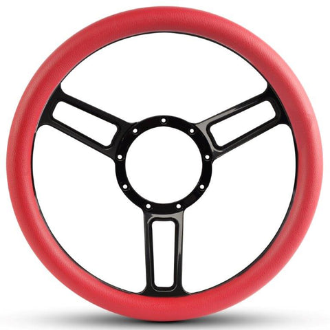 Steering Wheel,Launch style,Symmetrical spokes,Aluminum,13 3/4,Half-wrap,Gloss black anodized spokes,Red grip