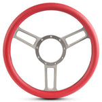 Steering Wheel,Launch style,Symmetrical spokes,Aluminum,13 3/4,Half-wrap,Clear anodized spokes,Red grip