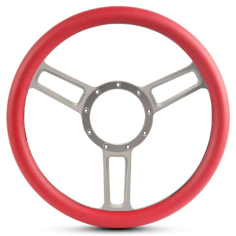 Steering Wheel,Launch style,Symmetrical spokes,Aluminum,13 3/4,Half-wrap,Clear anodized spokes,Red grip