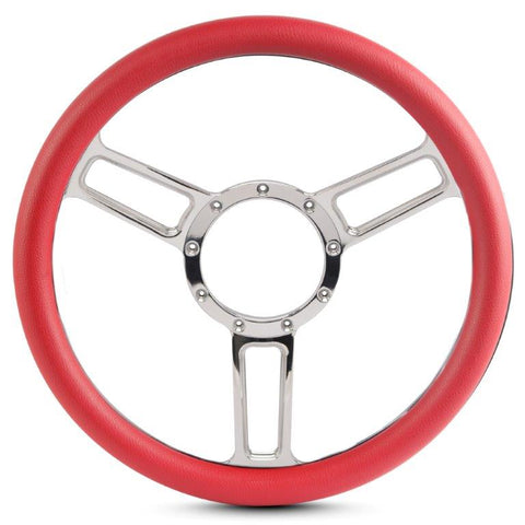 Steering Wheel,Launch style,Symmetrical spokes,Aluminum,13 3/4,Half-wrap,Made in USA,Chrome spokes,Red grip