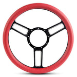 Steering Wheel,Launch style,Symmetrical spokes,Aluminum,13 3/4,Half-wrap,Black spokes with highlights,Red grip