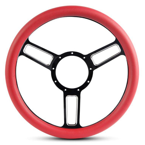 Steering Wheel,Launch style,Symmetrical spokes,Aluminum,13 3/4,Half-wrap,Black spokes with highlights,Red grip