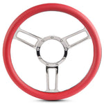 Steering Wheel,Launch style,Symmetrical spokes,Aluminum,13 3/4,Half-wrap,Bright polished spokes,Red grip