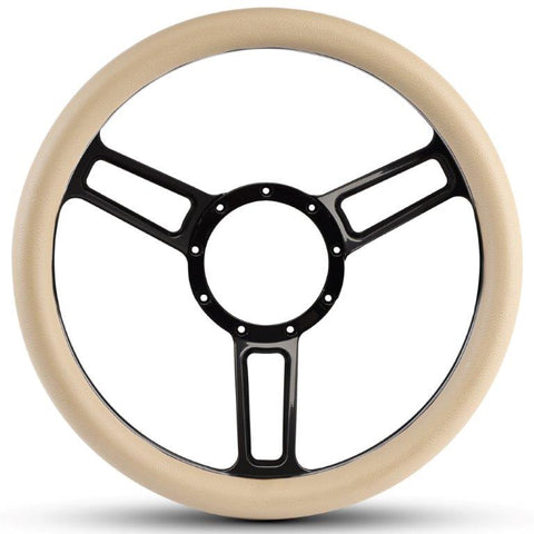 Steering Wheel,Launch style,Symmetrical spokes,Aluminum,13 3/4,Half-wrap,Gloss black anodized spokes,Tan grip