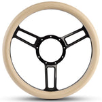 Steering Wheel,Launch style,Symmetrical spokes,Aluminum,133/4,Half-wrap,Gloss black Fusioncoat spokes,Tan grip