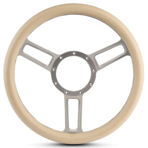 Steering Wheel,Launch style,Symmetrical spokes,Aluminum,13 3/4,Half-wrap,Clear anodized spokes,Tan grip