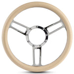 Steering Wheel,Launch style,Symmetrical spokes,Aluminum,13 3/4,Half-wrap,Made in USA,Chrome spokes,Tan grip