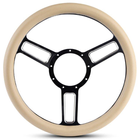 Steering Wheel,Launch style,Symmetrical spokes,Aluminum,13 3/4,Half-wrap,Black spokes with highlights,Tan grip