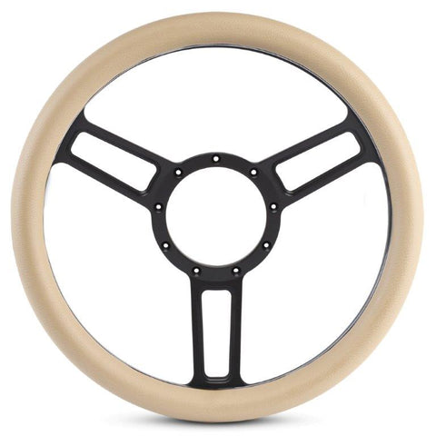 Steering Wheel,Launch style,Symmetrical spokes,Aluminum,133/4,Half-wrap,Matte black Fusioncoat spokes,Tan grip