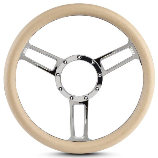 Steering Wheel,Launch style,Symmetrical spokes,Aluminum,13 3/4,Half-wrap,Bright polished spokes,Tan grip