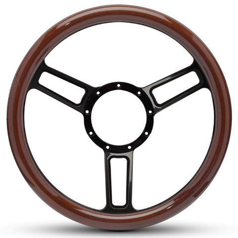 Steering Wheel,Aluminum,13 3/4",Half-wrap,Launch style,Symmetrical spokes,Gloss black anodize spokes,Wood grip