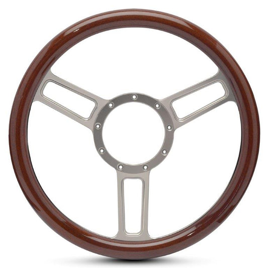 Steering Wheel,Aluminum,13 3/4",Half-wrap,Launch style,Symmetrical spokes,Clear anodize spokes,Wood grip