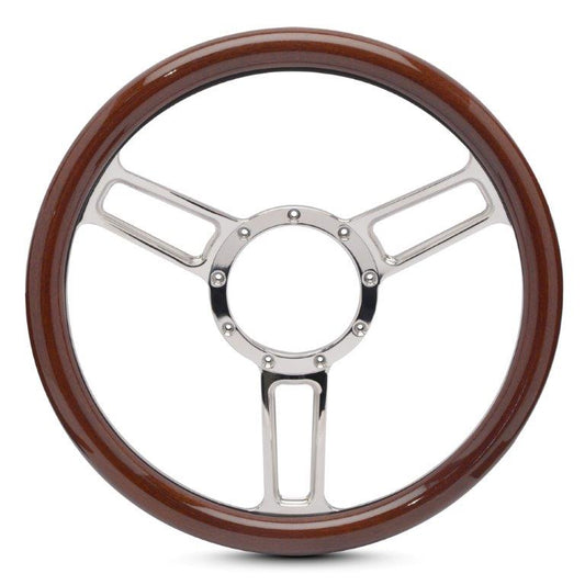 Steering Wheel,Aluminum,13 3/4",Half-wrap,Launch style,Symmetrical spokes,Chrome plated spokes,Wood grip