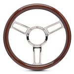 Steering Wheel,Aluminum,13 3/4",Half-wrap,Launch style,Symmetrical spokes,Chrome plated spokes,Wood grip