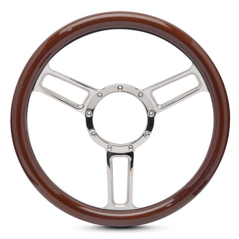 Steering Wheel,Aluminum,13 3/4",Half-wrap,Launch style,Symmetrical spokes,Chrome plated spokes,Wood grip