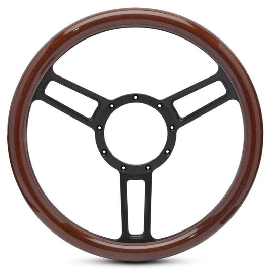 Steering Wheel,Aluminum,13 3/4",Half-wrap,Launch style,Symmetrical spokes,Matte black spokes,Wood grip