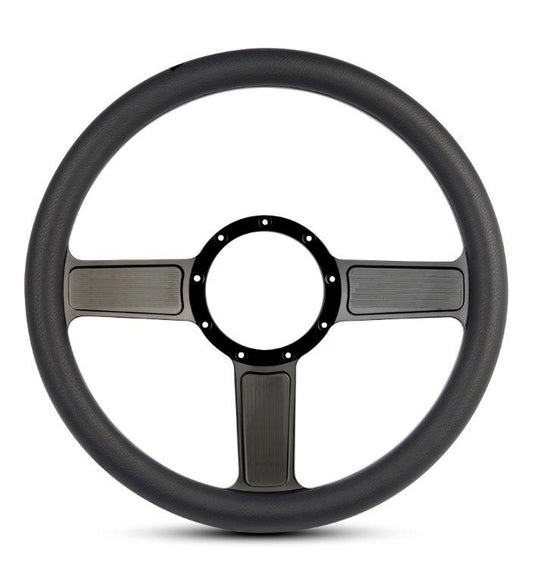 Steering Wheel,Linear style,Aluminum,13 3/4,Half-wrap,Made in the USA,Gloss black anodized spokes,Black grip