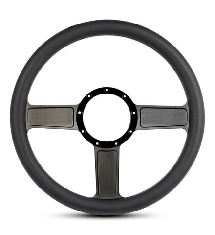 Steering Wheel,Linear style,Aluminum,13 3/4,Half-wrap,Made in the USA,Gloss black Fusioncoat spokes,Black grip