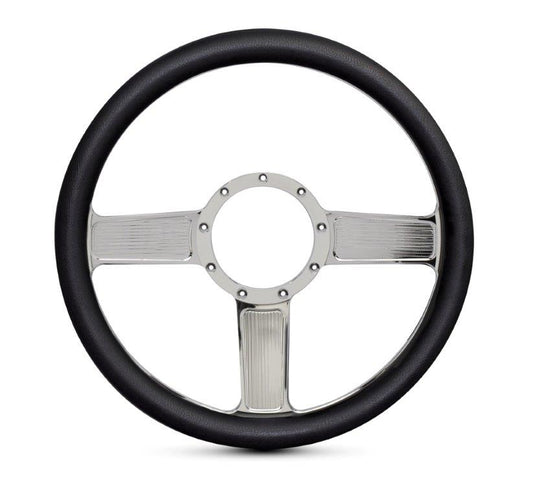 Steering Wheel,Linear style,Aluminum,13 3/4,Half-wrap,Made in the USA,Chrome spokes,Black grip